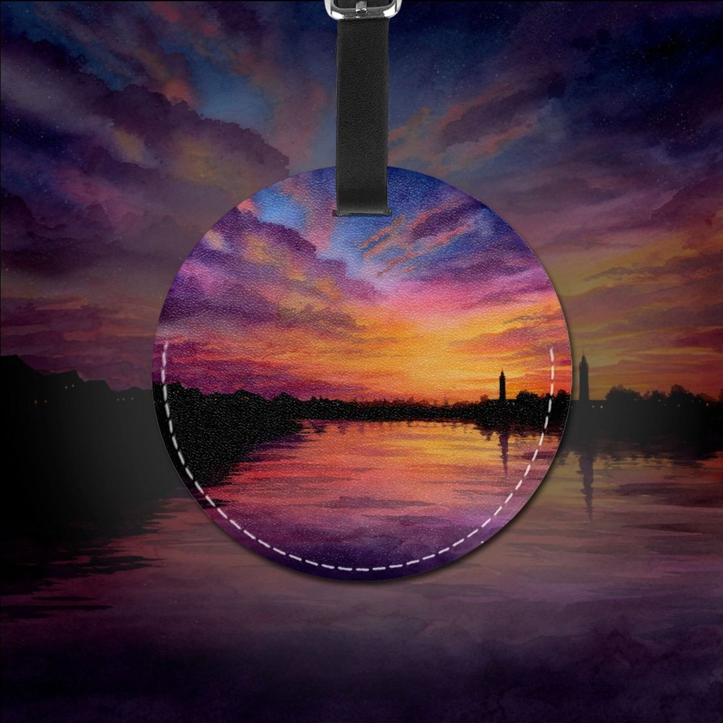 Round Leather Luggage Tag with Sunset Landscape Art Design – 3.7in/9.8cm Travel Identifier