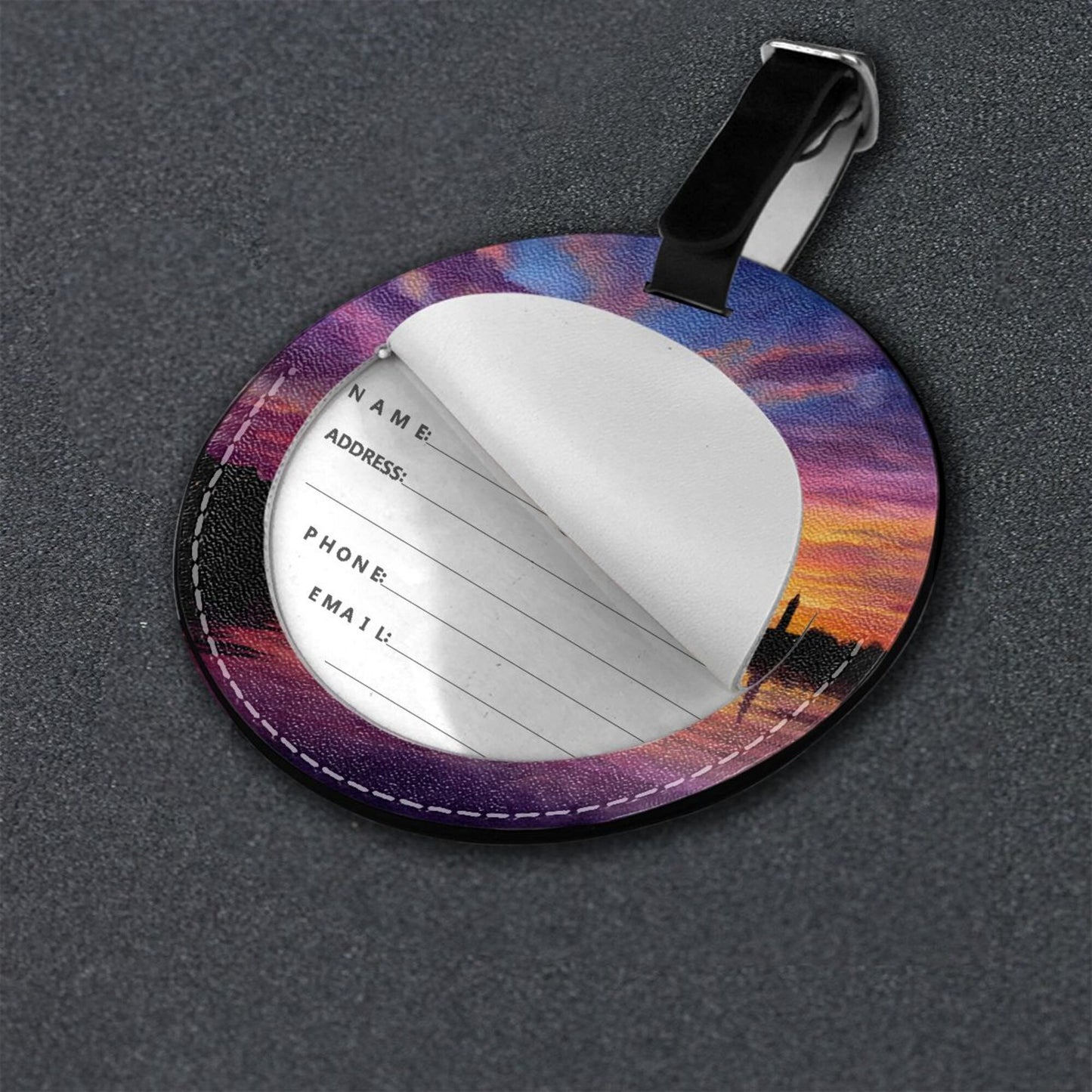 Round Leather Luggage Tag with Sunset Landscape Art Design – 3.7in/9.8cm Travel Identifier