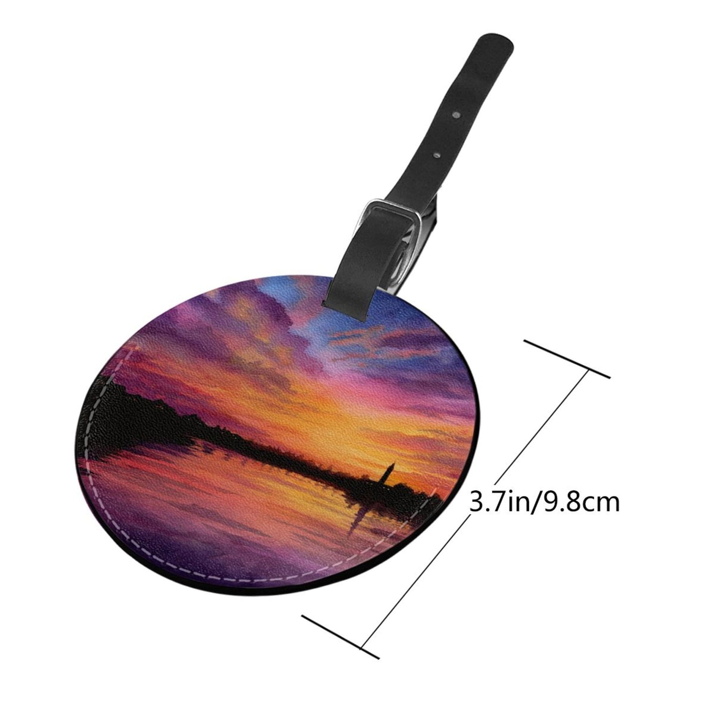 Round Leather Luggage Tag with Sunset Landscape Art Design – 3.7in/9.8cm Travel Identifier