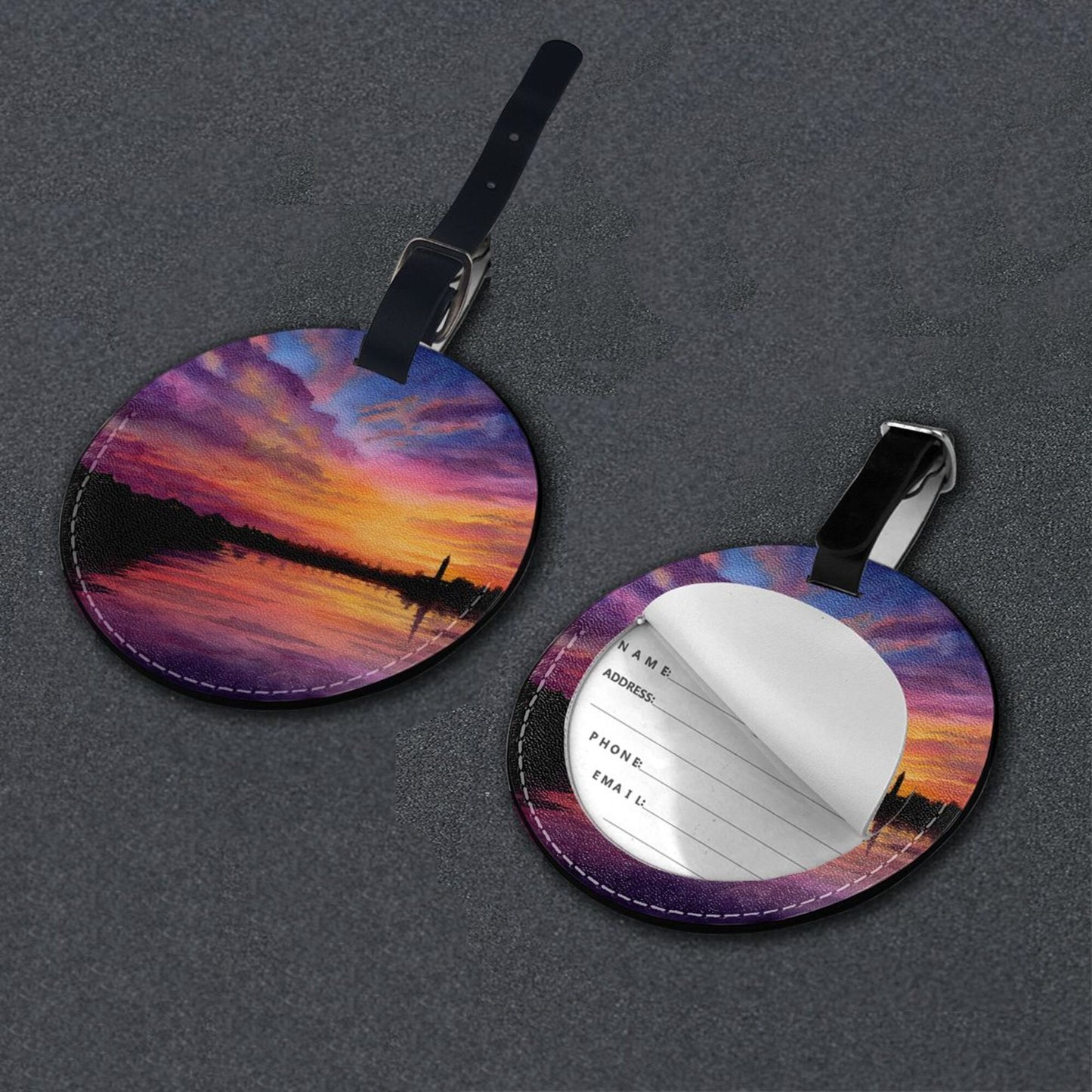 Round Leather Luggage Tag with Sunset Landscape Art Design – 3.7in/9.8cm Travel Identifier