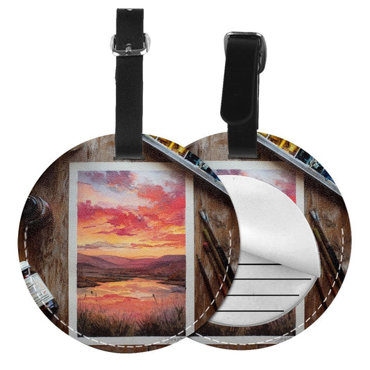Round Leather Luggage Tag with Sunset Painting Art Design – 3.7in/9.8cm Travel Identifier