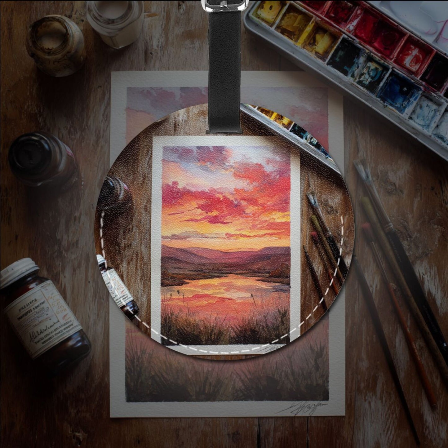 Round Leather Luggage Tag with Sunset Painting Art Design – 3.7in/9.8cm Travel Identifier