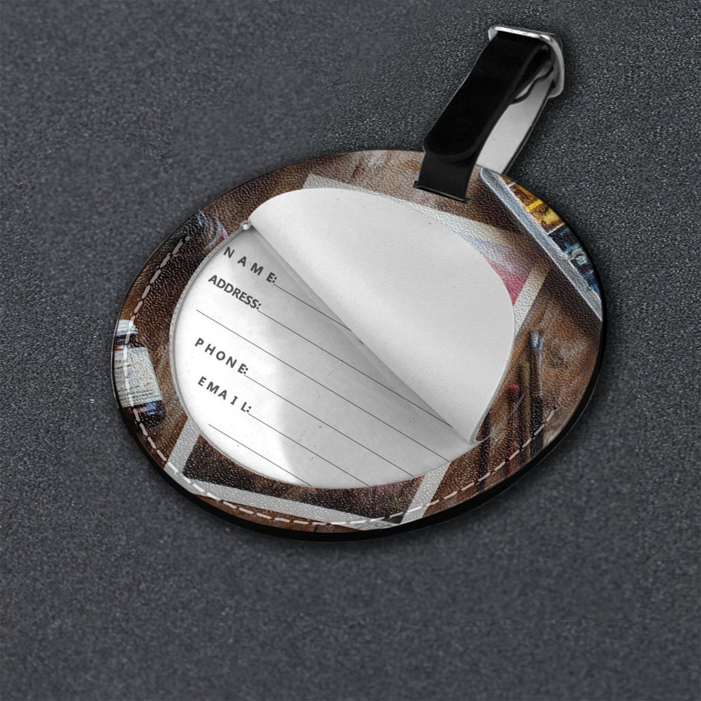 Round Leather Luggage Tag with Sunset Painting Art Design – 3.7in/9.8cm Travel Identifier