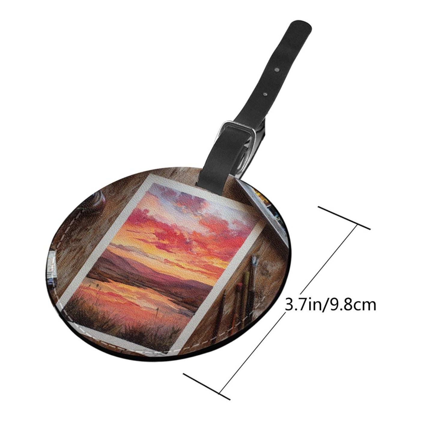 Round Leather Luggage Tag with Sunset Painting Art Design – 3.7in/9.8cm Travel Identifier