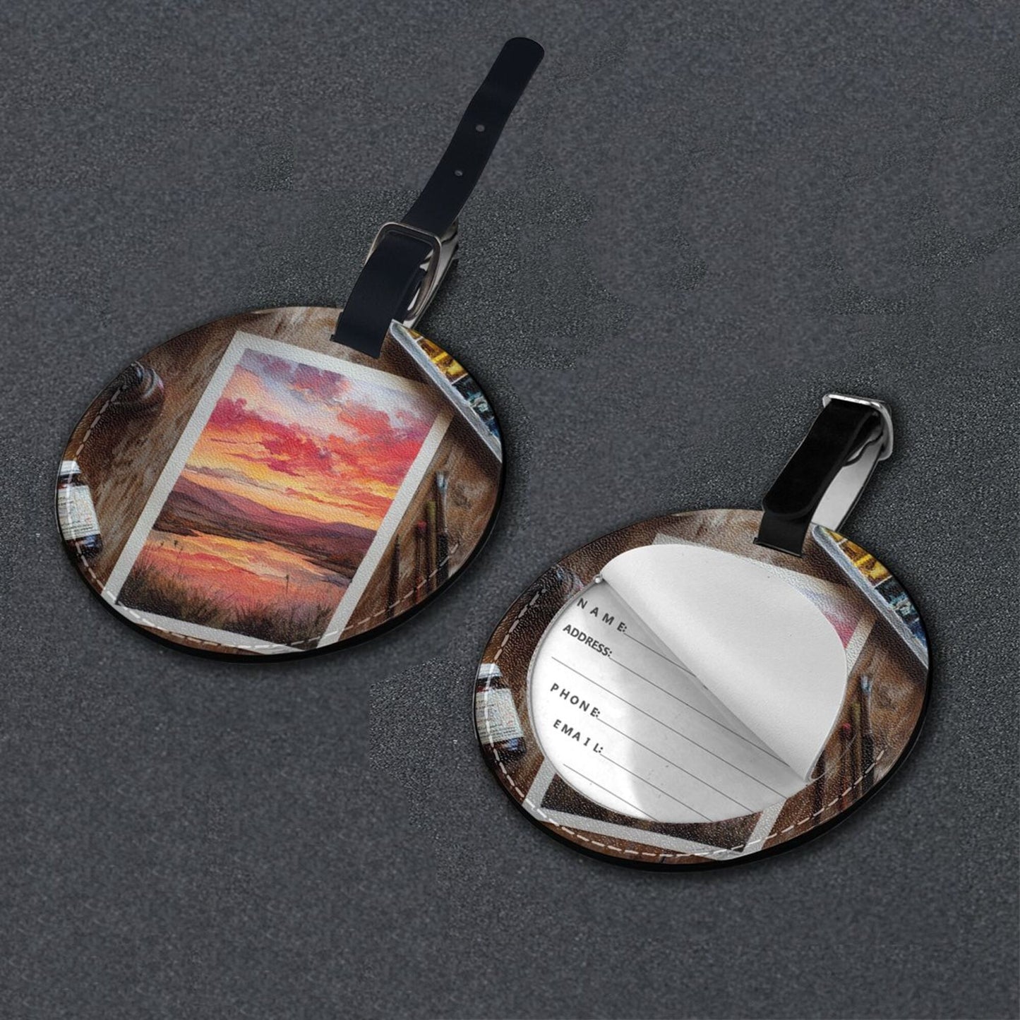 Round Leather Luggage Tag with Sunset Painting Art Design – 3.7in/9.8cm Travel Identifier