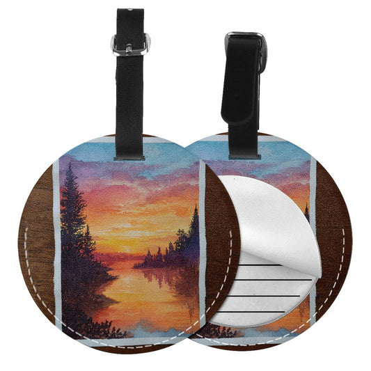 Round Leather Luggage Tag with Sunset Forest Lake Painting Design – 3.7in/9.8cm Travel Identifier