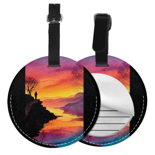 Round Leather Luggage Tag with Sunset Valley Landscape Art Design – 3.7in/9.8cm Travel Identifie