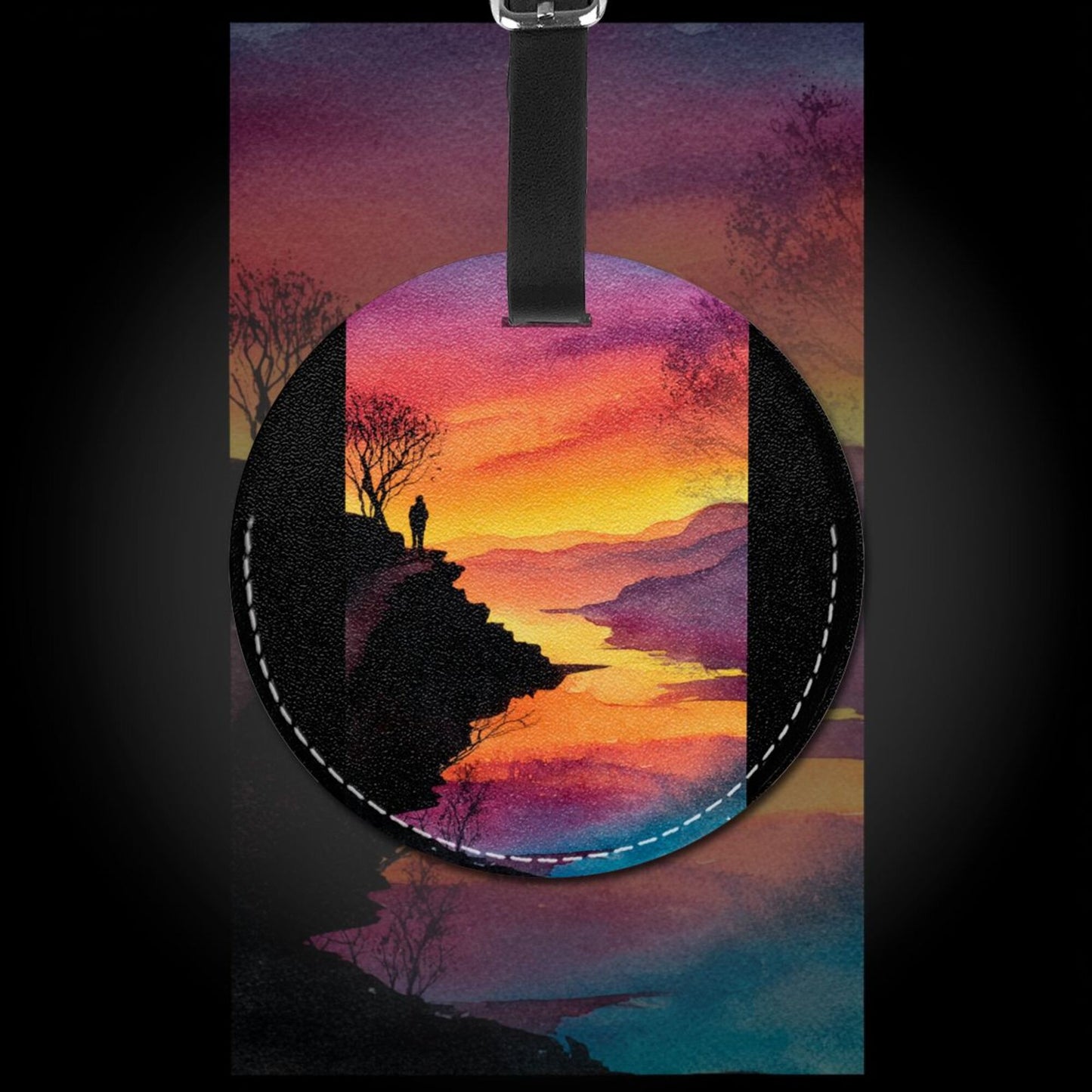 Round Leather Luggage Tag with Sunset Valley Landscape Art Design – 3.7in/9.8cm Travel Identifie