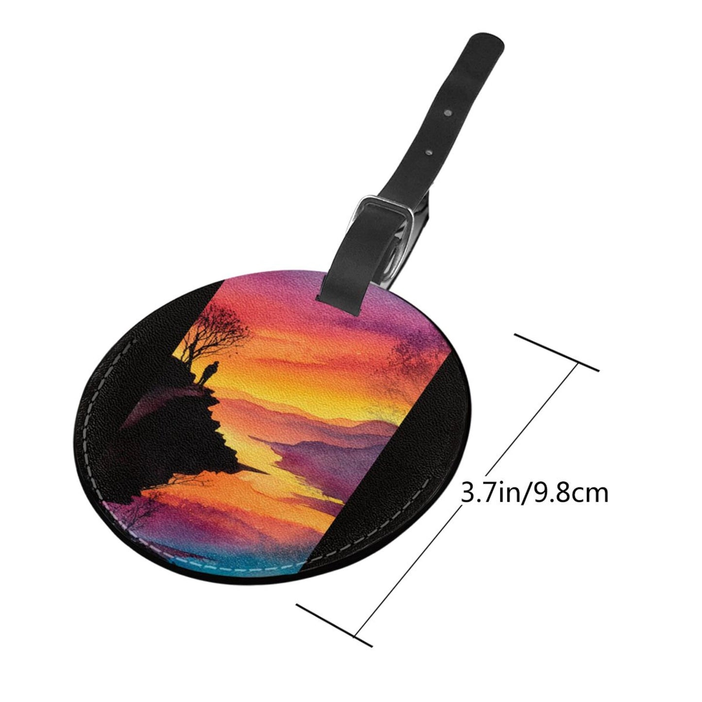 Round Leather Luggage Tag with Sunset Valley Landscape Art Design – 3.7in/9.8cm Travel Identifie