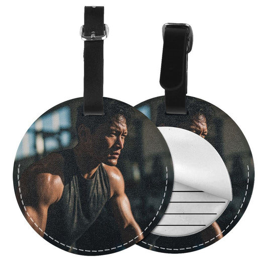 Round Leather Luggage Tag with Fitness Training Man Design – 3.7in/9.8cm Travel Identifier