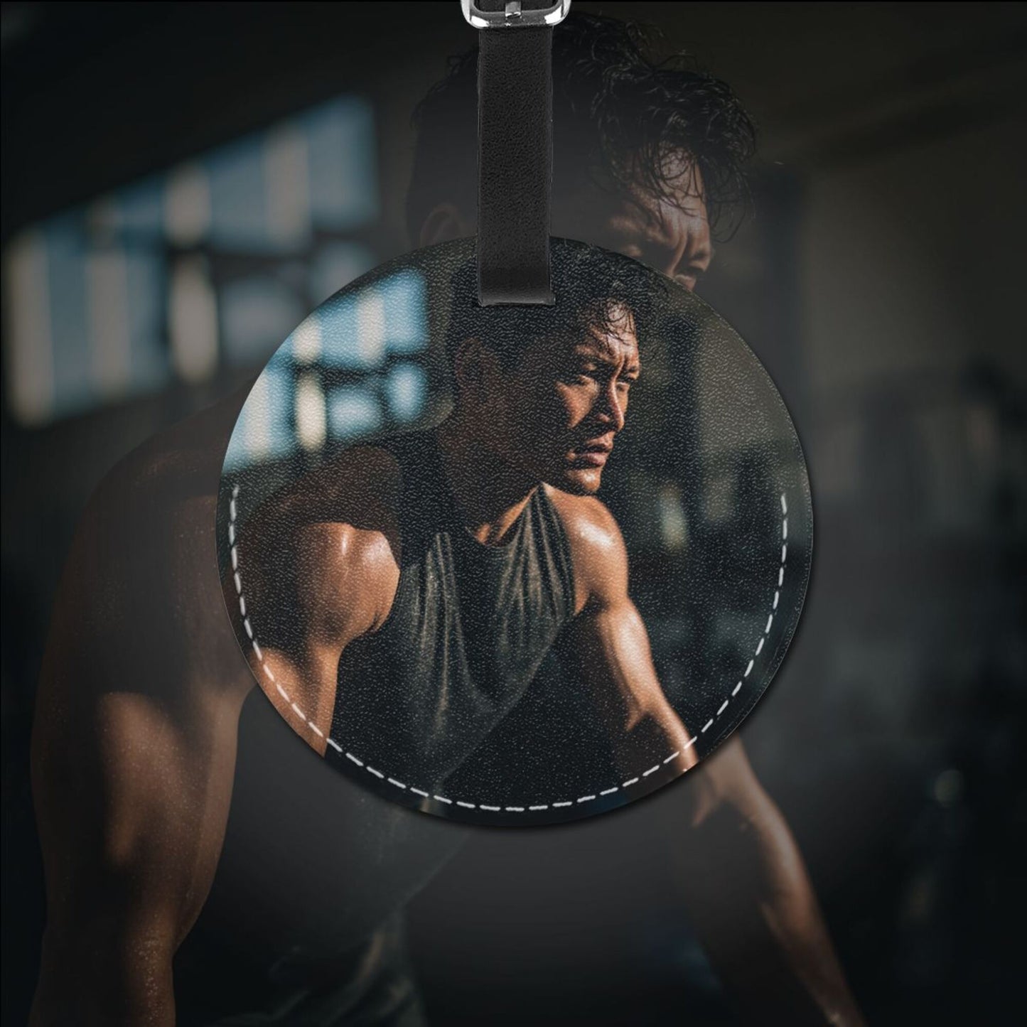 Round Leather Luggage Tag with Fitness Training Man Design – 3.7in/9.8cm Travel Identifier