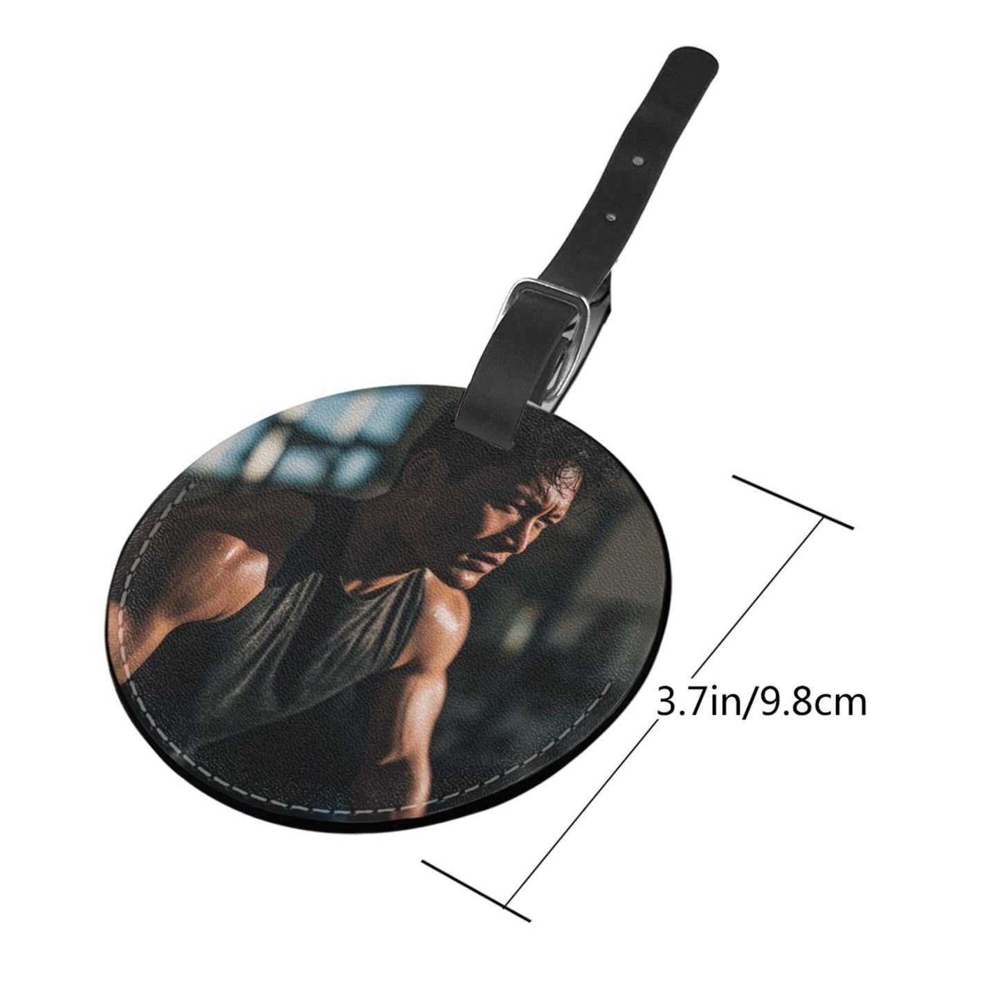 Round Leather Luggage Tag with Fitness Training Man Design – 3.7in/9.8cm Travel Identifier
