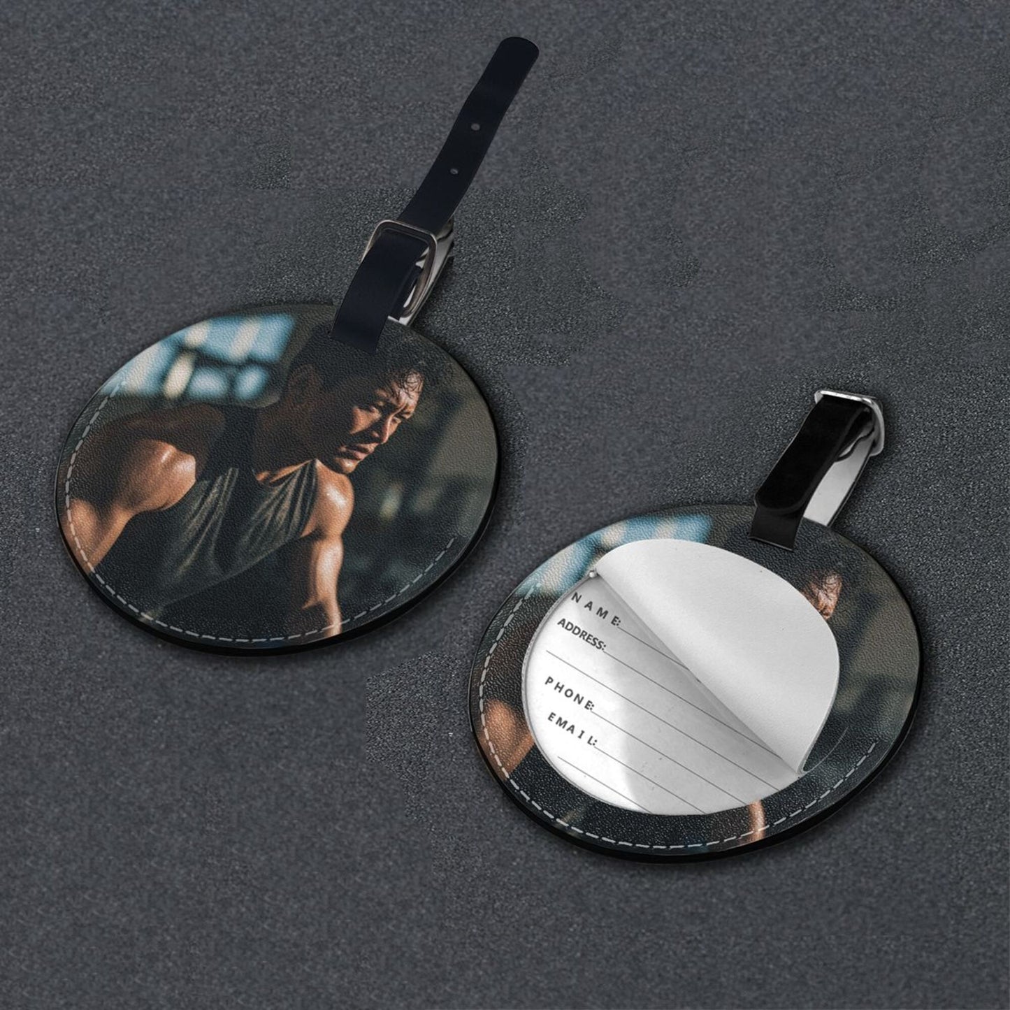 Round Leather Luggage Tag with Fitness Training Man Design – 3.7in/9.8cm Travel Identifier