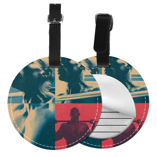Round Leather Luggage Tag with Fitness Pop-Art Design – 3.7in/9.8cm Travel Identifier