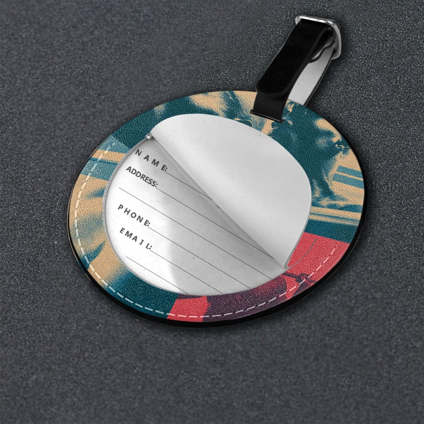 Round Leather Luggage Tag with Fitness Pop-Art Design – 3.7in/9.8cm Travel Identifier