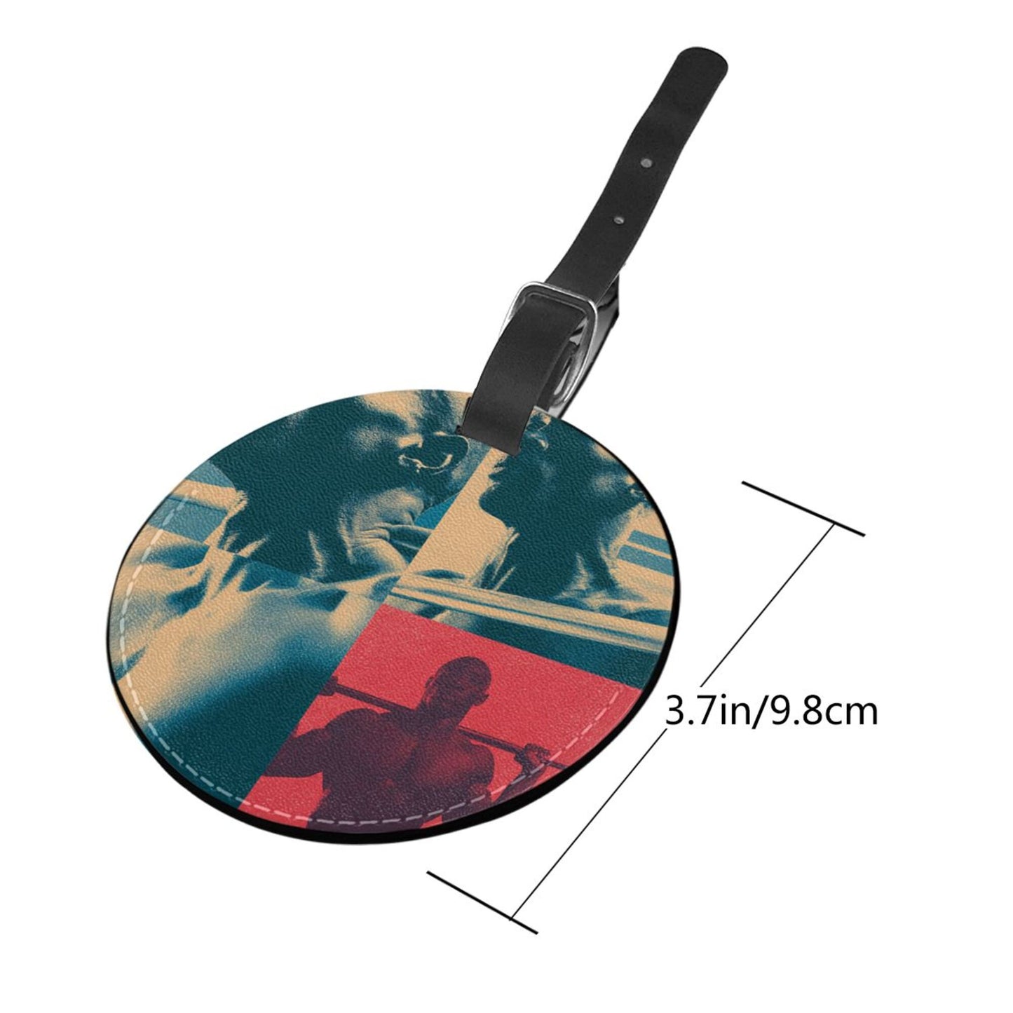 Round Leather Luggage Tag with Fitness Pop-Art Design – 3.7in/9.8cm Travel Identifier