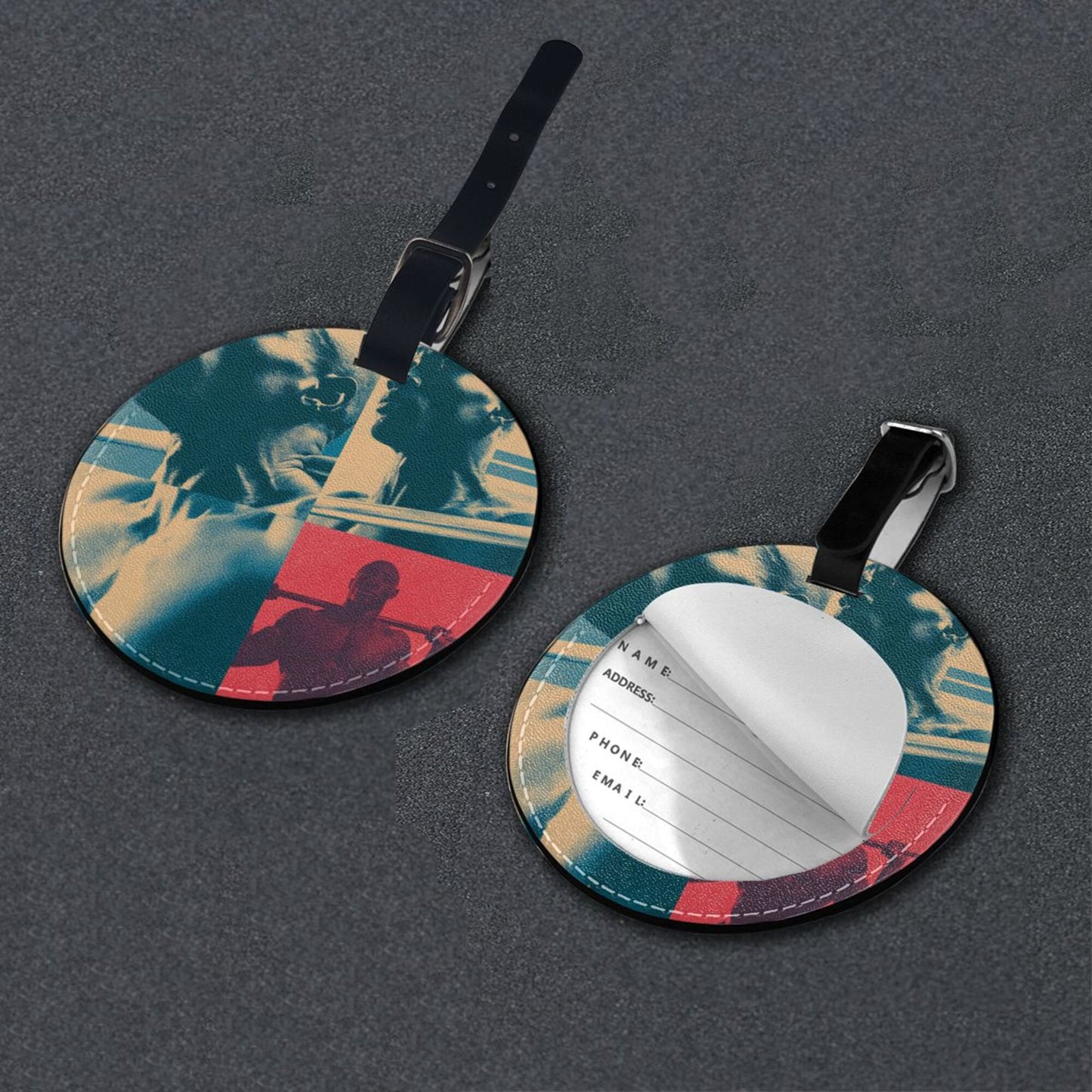 Round Leather Luggage Tag with Fitness Pop-Art Design – 3.7in/9.8cm Travel Identifier