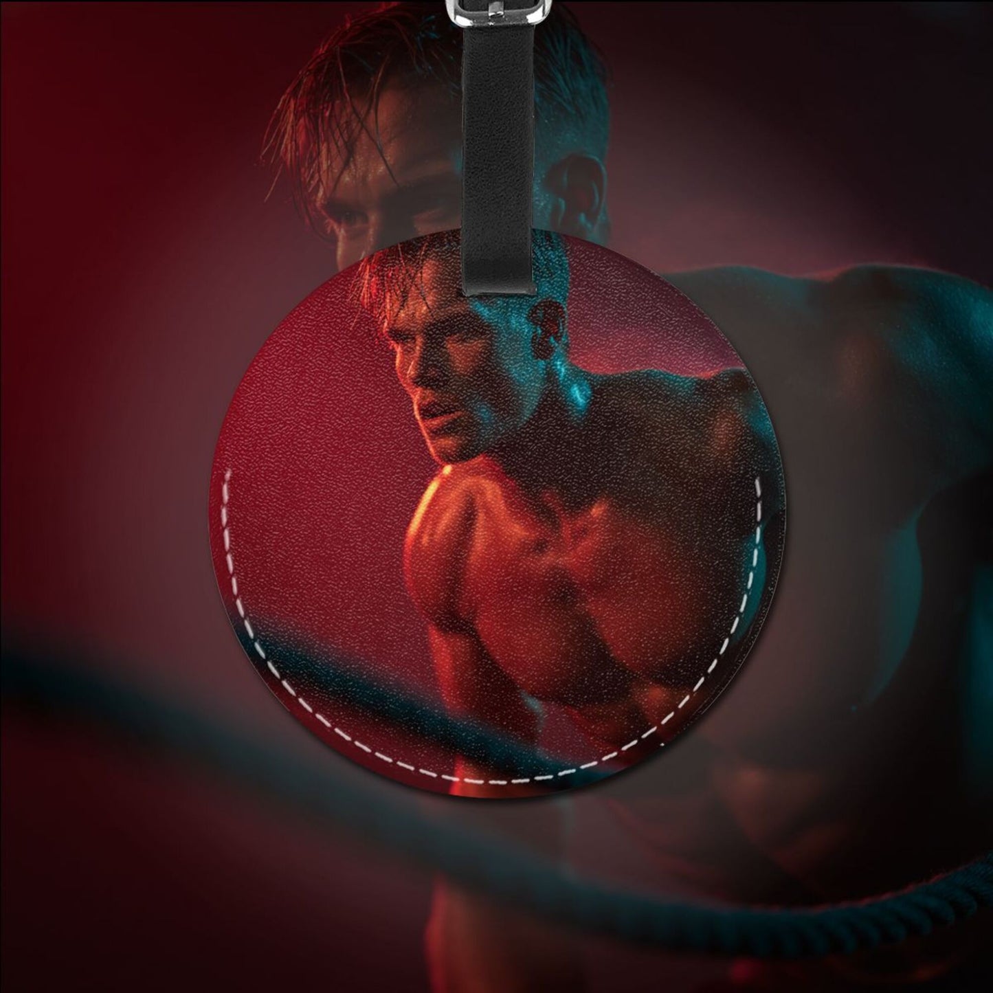 Round Leather Luggage Tag with Fitness Man Light & Shadow Art Design – 3.7in/9.8cm Travel Identifier