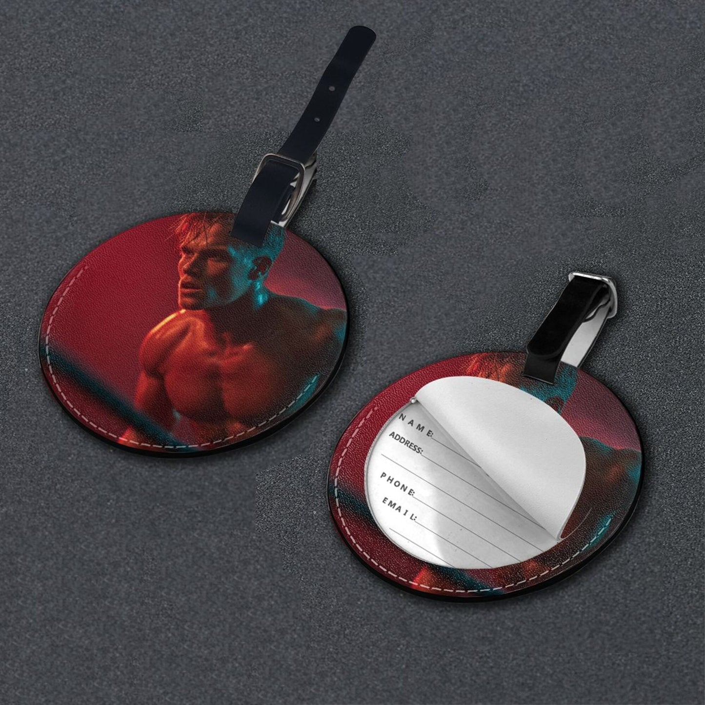 Round Leather Luggage Tag with Fitness Man Light & Shadow Art Design – 3.7in/9.8cm Travel Identifier